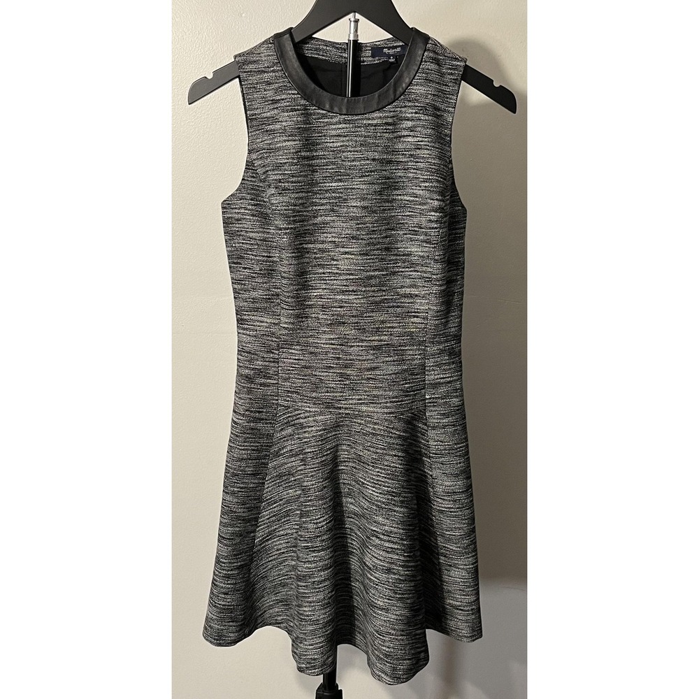 Madewell Dress Womens‎ 0 Gray Marled Knit Fit Flare Mini Faux Leather Trim Zip